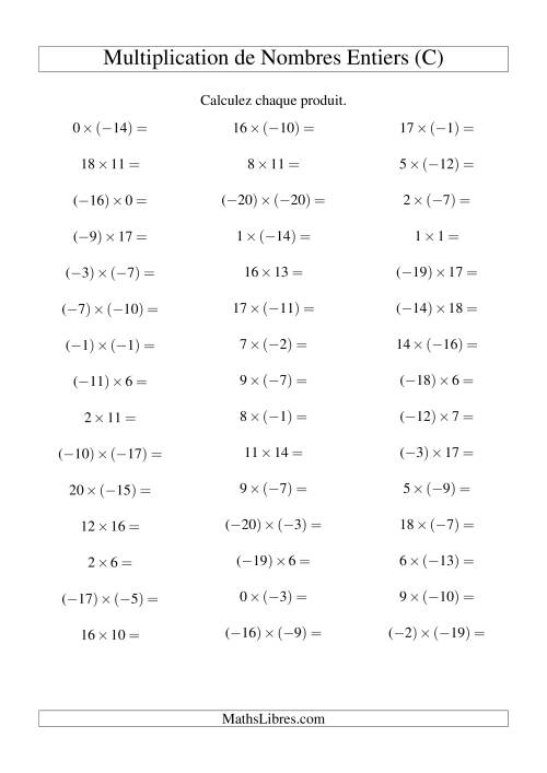 Multiplication de nombres entiers de (-20) à 20 (45 par page) (C)