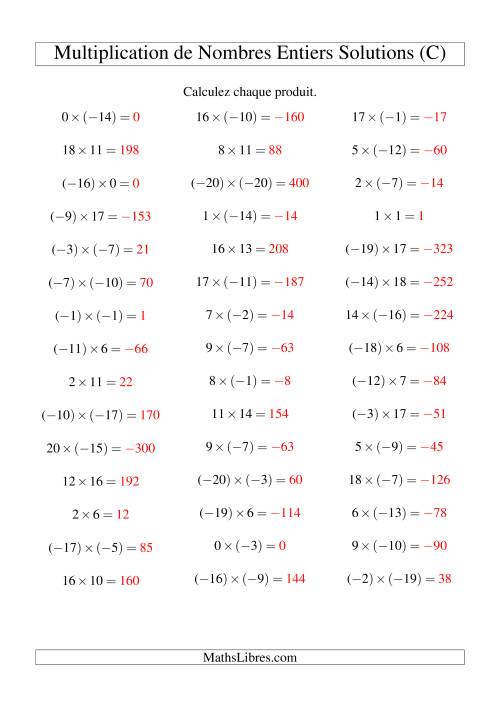 Multiplication de nombres entiers de (-20) à 20 (45 par page) (C) page 2