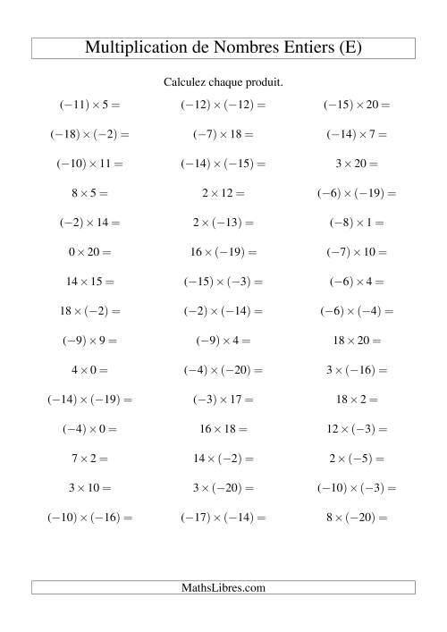 Multiplication de nombres entiers de (-20) à 20 (45 par page) (E)