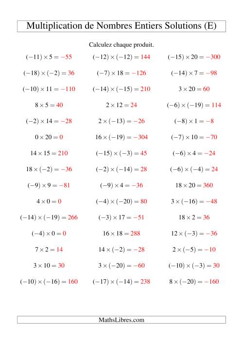 Multiplication de nombres entiers de (-20) à 20 (45 par page) (E) page 2