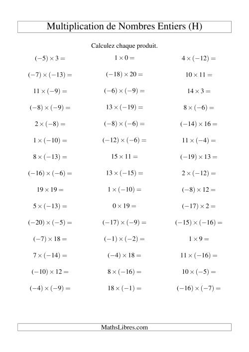 Multiplication de nombres entiers de (-20) à 20 (45 par page) (H)