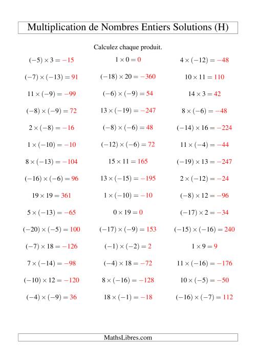 Multiplication de nombres entiers de (-20) à 20 (45 par page) (H) page 2