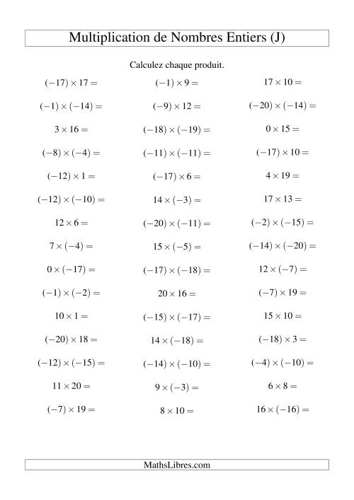 Multiplication de nombres entiers de (-20) à 20 (45 par page) (J)