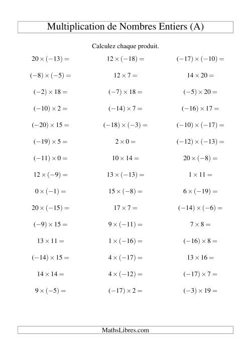 Multiplication de nombres entiers de (-20) à 20 (45 par page) (Tout)