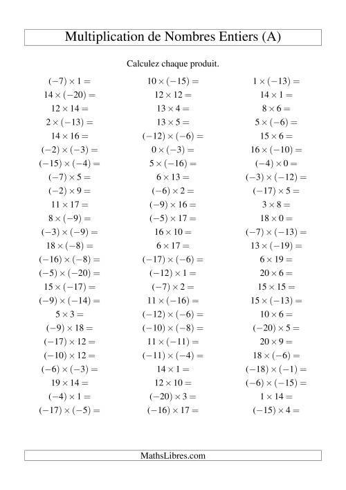 Multiplication de nombres entiers de (-20) à 20 (75 par page) (Tout)