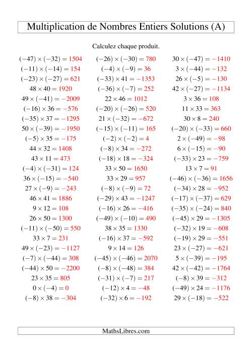 Multiplication de nombres entiers de (-50) à 50 (75 par page) (A) page 2