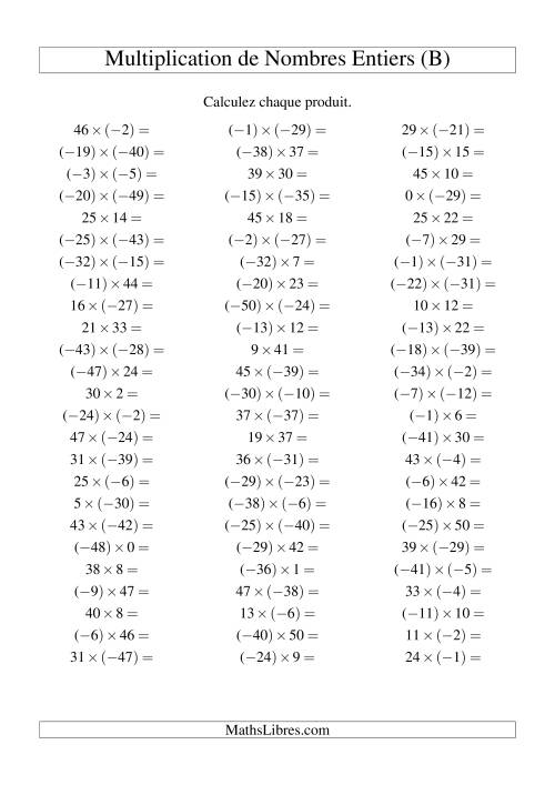 Multiplication de nombres entiers de (-50) à 50 (75 par page) (B)