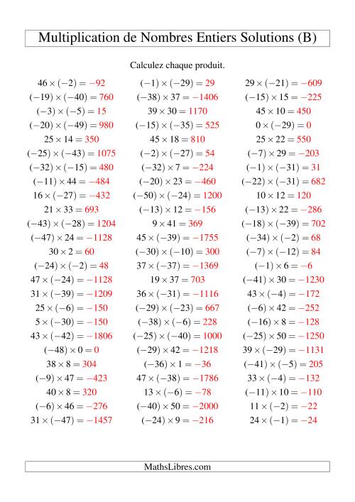 Multiplication de nombres entiers de (-50) à 50 (75 par page) (B) page 2