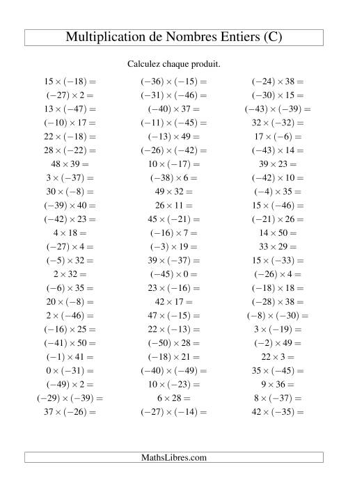 Multiplication de nombres entiers de (-50) à 50 (75 par page) (C)