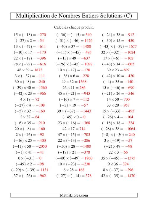 Multiplication de nombres entiers de (-50) à 50 (75 par page) (C) page 2