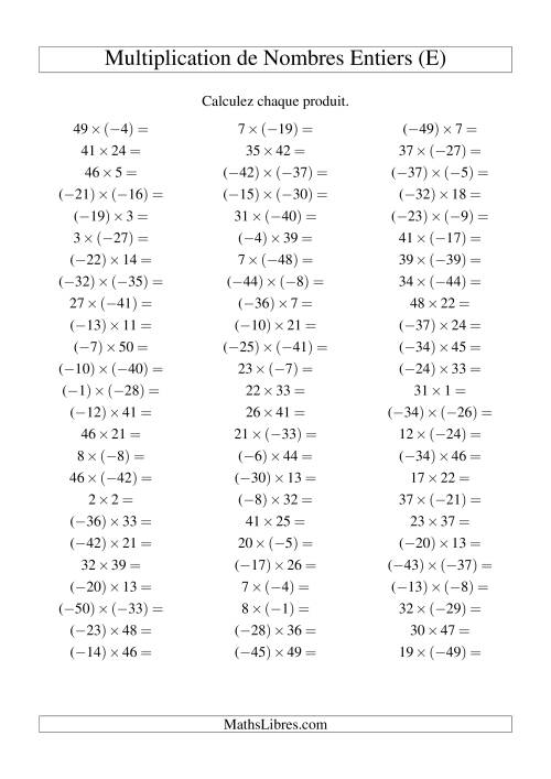 Multiplication de nombres entiers de (-50) à 50 (75 par page) (E)