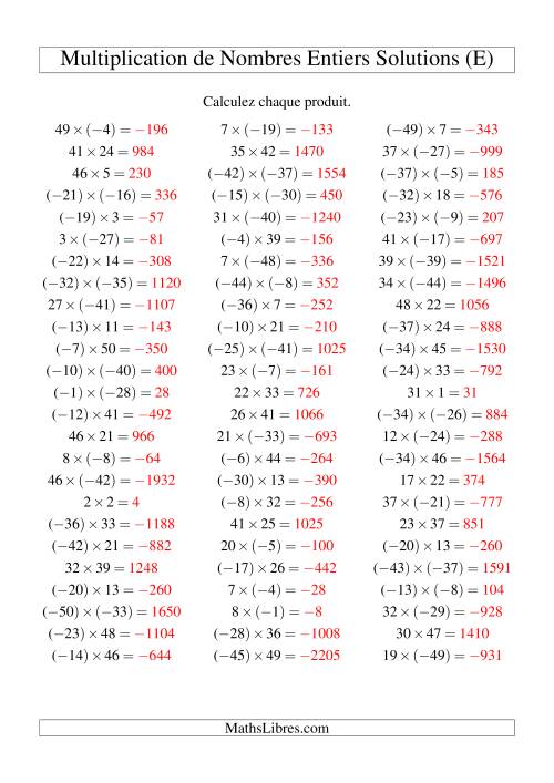 Multiplication de nombres entiers de (-50) à 50 (75 par page) (E) page 2