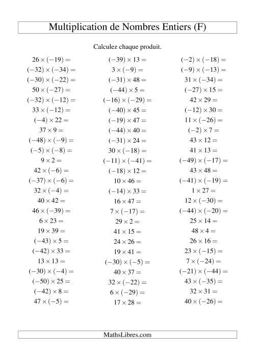 Multiplication de nombres entiers de (-50) à 50 (75 par page) (F)
