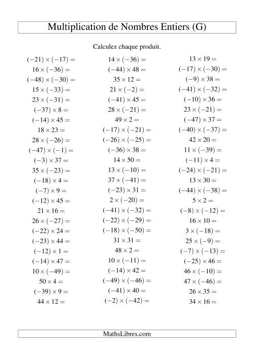 Multiplication de nombres entiers de (-50) à 50 (75 par page) (G)