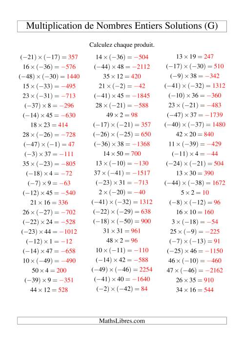 Multiplication de nombres entiers de (-50) à 50 (75 par page) (G) page 2