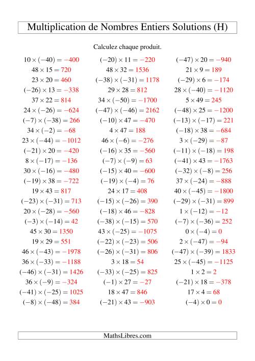 Multiplication de nombres entiers de (-50) à 50 (75 par page) (H) page 2