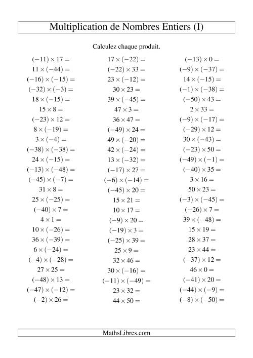 Multiplication de nombres entiers de (-50) à 50 (75 par page) (I)