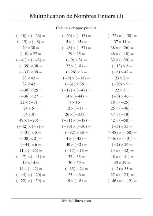 Multiplication de nombres entiers de (-50) à 50 (75 par page) (J)