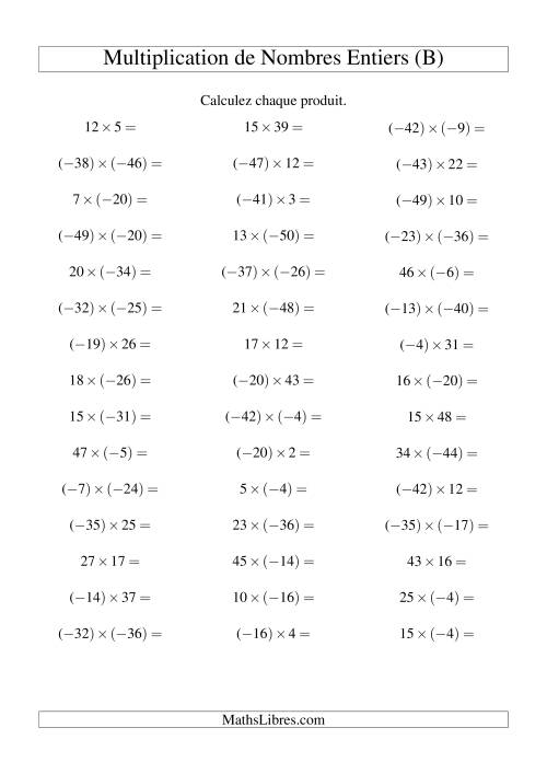 Multiplication de nombres entiers de (-50) à 50 (45 par page) (B)