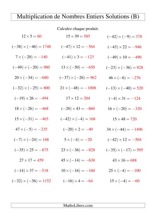 Multiplication de nombres entiers de (-50) à 50 (45 par page) (B) page 2