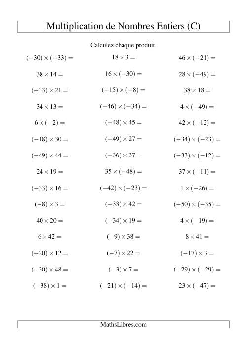 Multiplication de nombres entiers de (-50) à 50 (45 par page) (C)