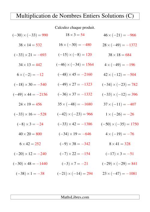 Multiplication de nombres entiers de (-50) à 50 (45 par page) (C) page 2