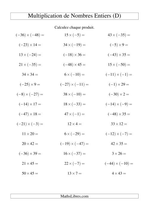 Multiplication de nombres entiers de (-50) à 50 (45 par page) (D)