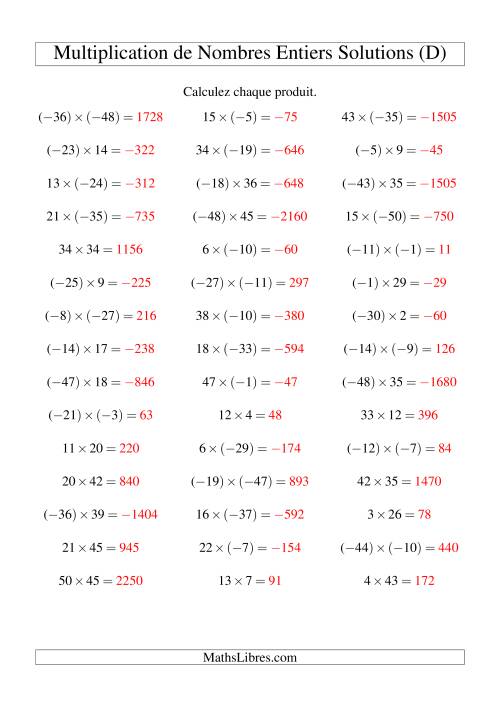 Multiplication de nombres entiers de (-50) à 50 (45 par page) (D) page 2