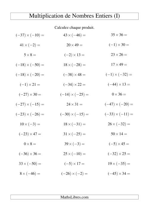 Multiplication de nombres entiers de (-50) à 50 (45 par page) (I)