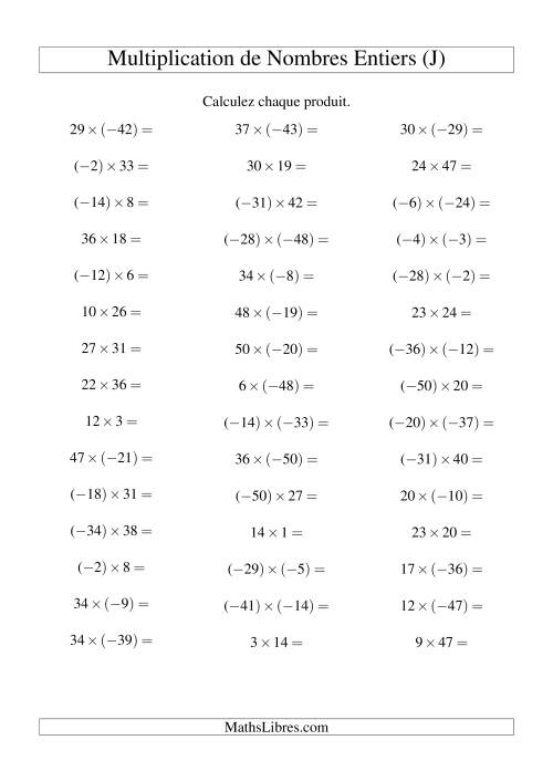 Multiplication de nombres entiers de (-50) à 50 (45 par page) (J)