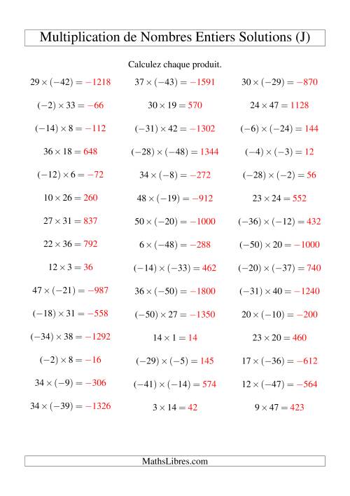 Multiplication de nombres entiers de (-50) à 50 (45 par page) (J) page 2