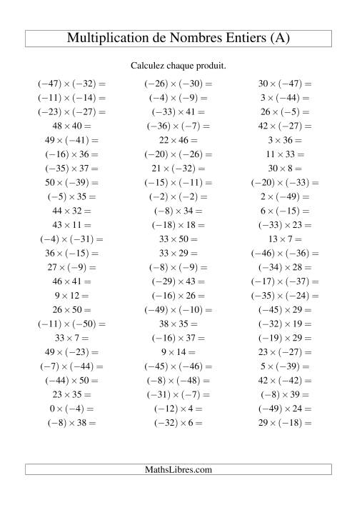 Multiplication de nombres entiers de (-50) à 50 (75 par page) (Tout)