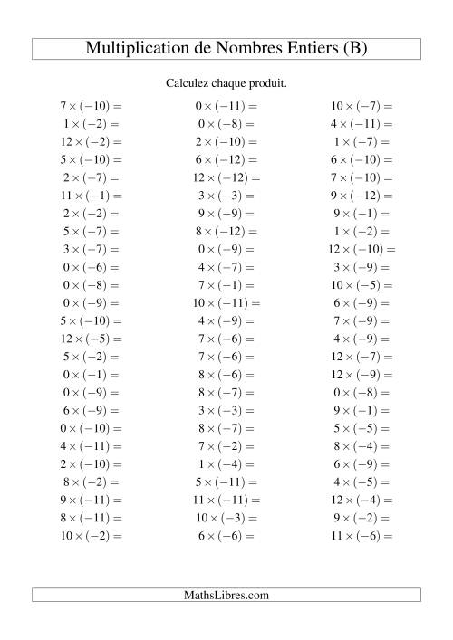 Multiplication de nombres entiers -- Positif multiplié par négatif (75 par page) (B)