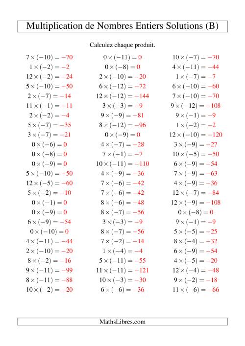Multiplication de nombres entiers -- Positif multiplié par négatif (75 par page) (B) page 2