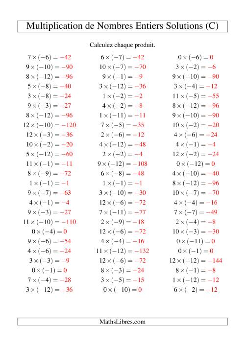 Multiplication de nombres entiers -- Positif multiplié par négatif (75 par page) (C) page 2