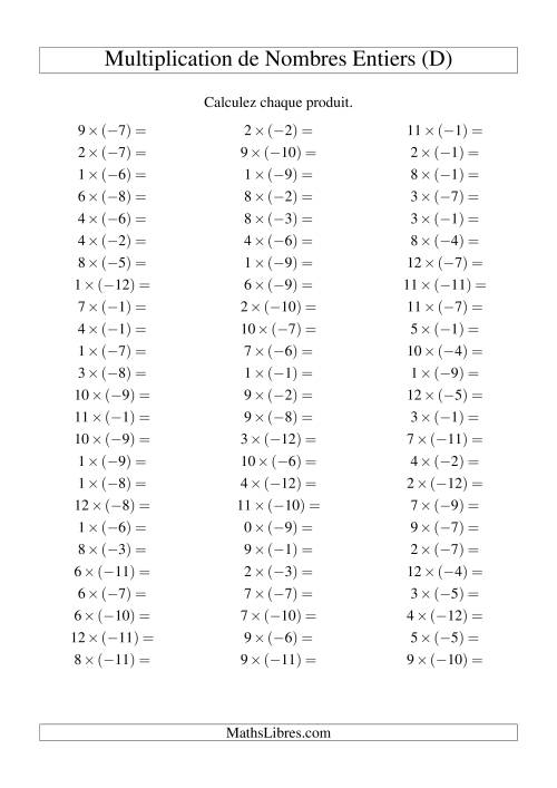 Multiplication de nombres entiers -- Positif multiplié par négatif (75 par page) (D)