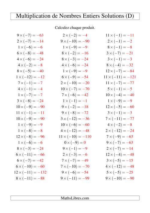 Multiplication de nombres entiers -- Positif multiplié par négatif (75 par page) (D) page 2