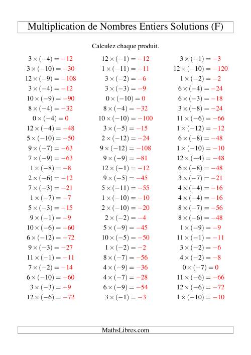 Multiplication de nombres entiers -- Positif multiplié par négatif (75 par page) (F) page 2