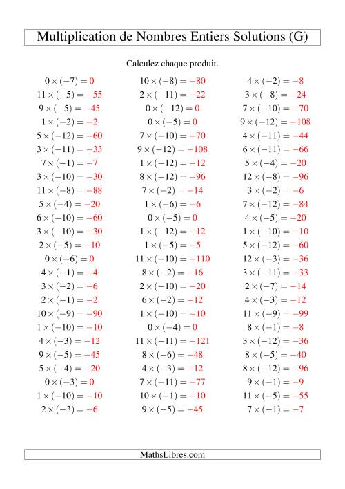 Multiplication de nombres entiers -- Positif multiplié par négatif (75 par page) (G) page 2