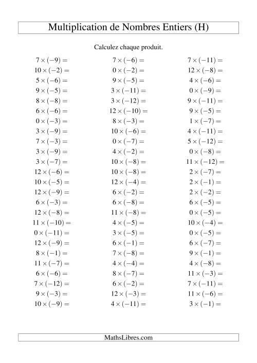 Multiplication de nombres entiers -- Positif multiplié par négatif (75 par page) (H)