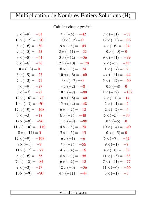Multiplication de nombres entiers -- Positif multiplié par négatif (75 par page) (H) page 2