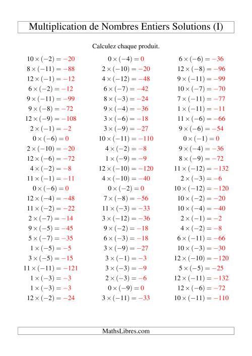Multiplication de nombres entiers -- Positif multiplié par négatif (75 par page) (I) page 2