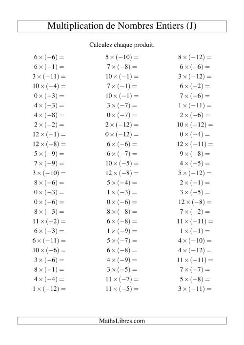 Multiplication de nombres entiers -- Positif multiplié par négatif (75 par page) (J)