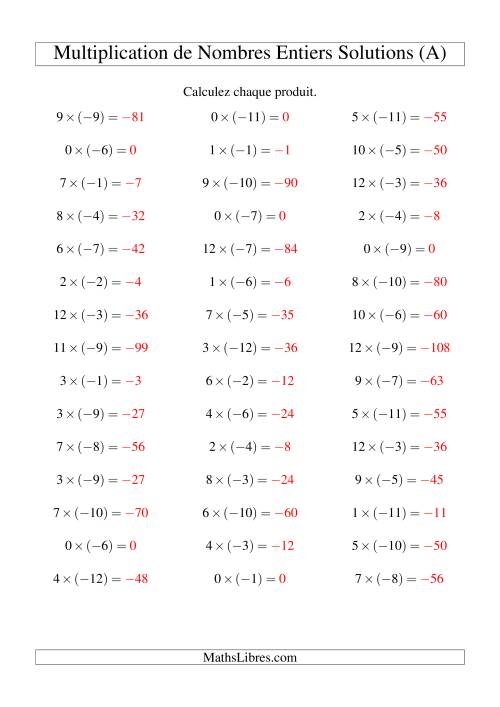 Multiplication de nombres entiers -- Positif multiplié par négatif (45 par page) (A) page 2