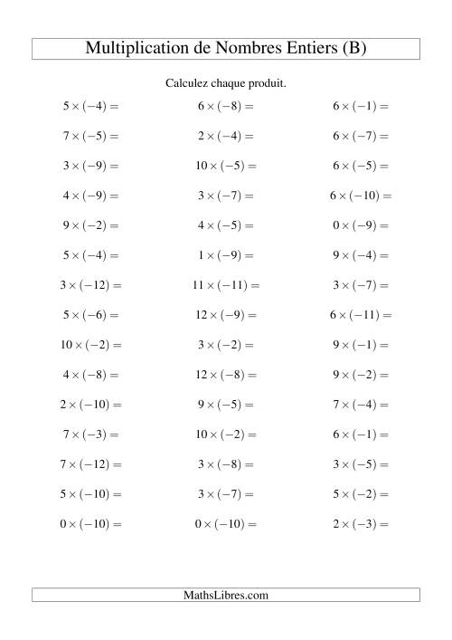 Multiplication de nombres entiers -- Positif multiplié par négatif (45 par page) (B)