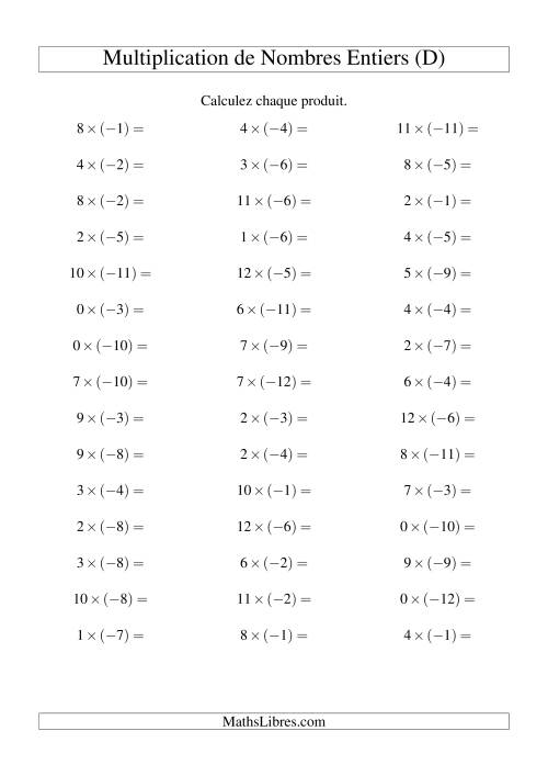 Multiplication de nombres entiers -- Positif multiplié par négatif (45 par page) (D)