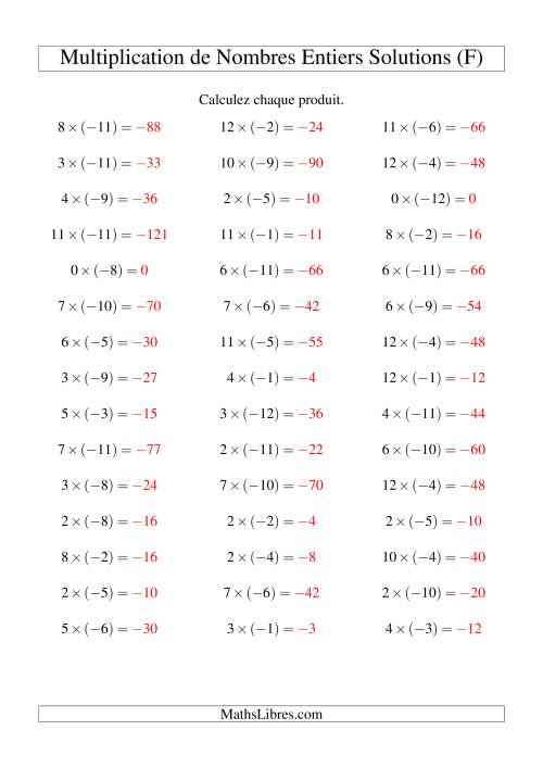Multiplication de nombres entiers -- Positif multiplié par négatif (45 par page) (F) page 2