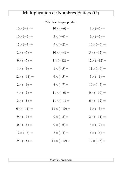 Multiplication de nombres entiers -- Positif multiplié par négatif (45 par page) (G)