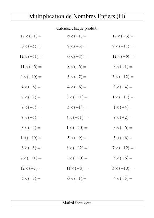 Multiplication de nombres entiers -- Positif multiplié par négatif (45 par page) (H)