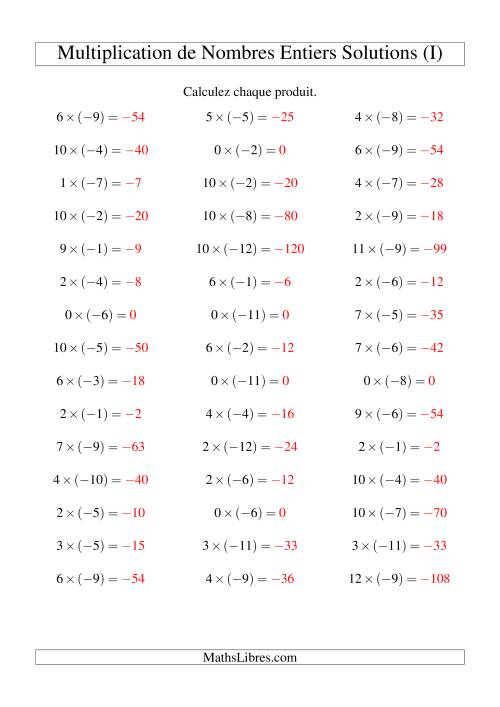 Multiplication de nombres entiers -- Positif multiplié par négatif (45 par page) (I) page 2